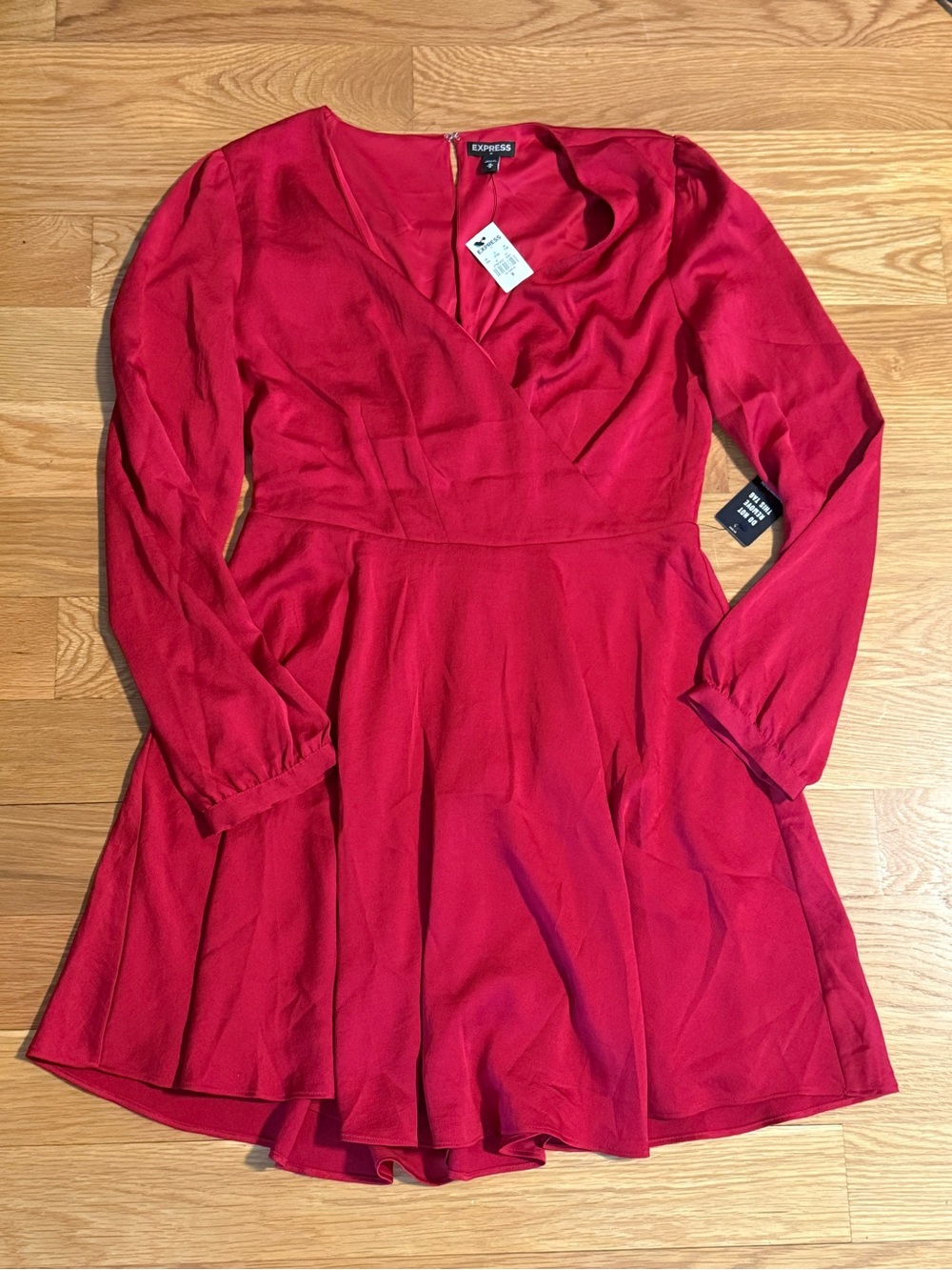 Express Women's Bright Red Long-Sleeve V-Neck Fit-and-Flare Dress